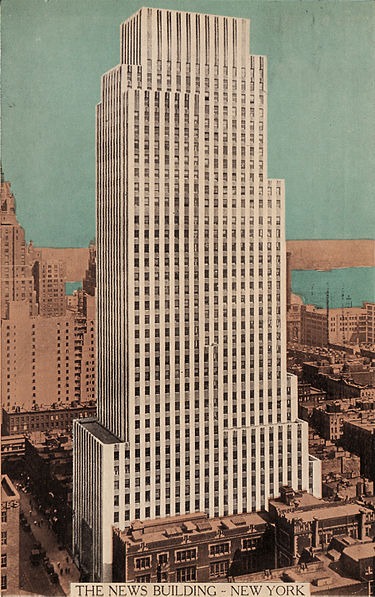 Colorized postcard image of the Daily News Building, looking southeast from Chrysler Building
