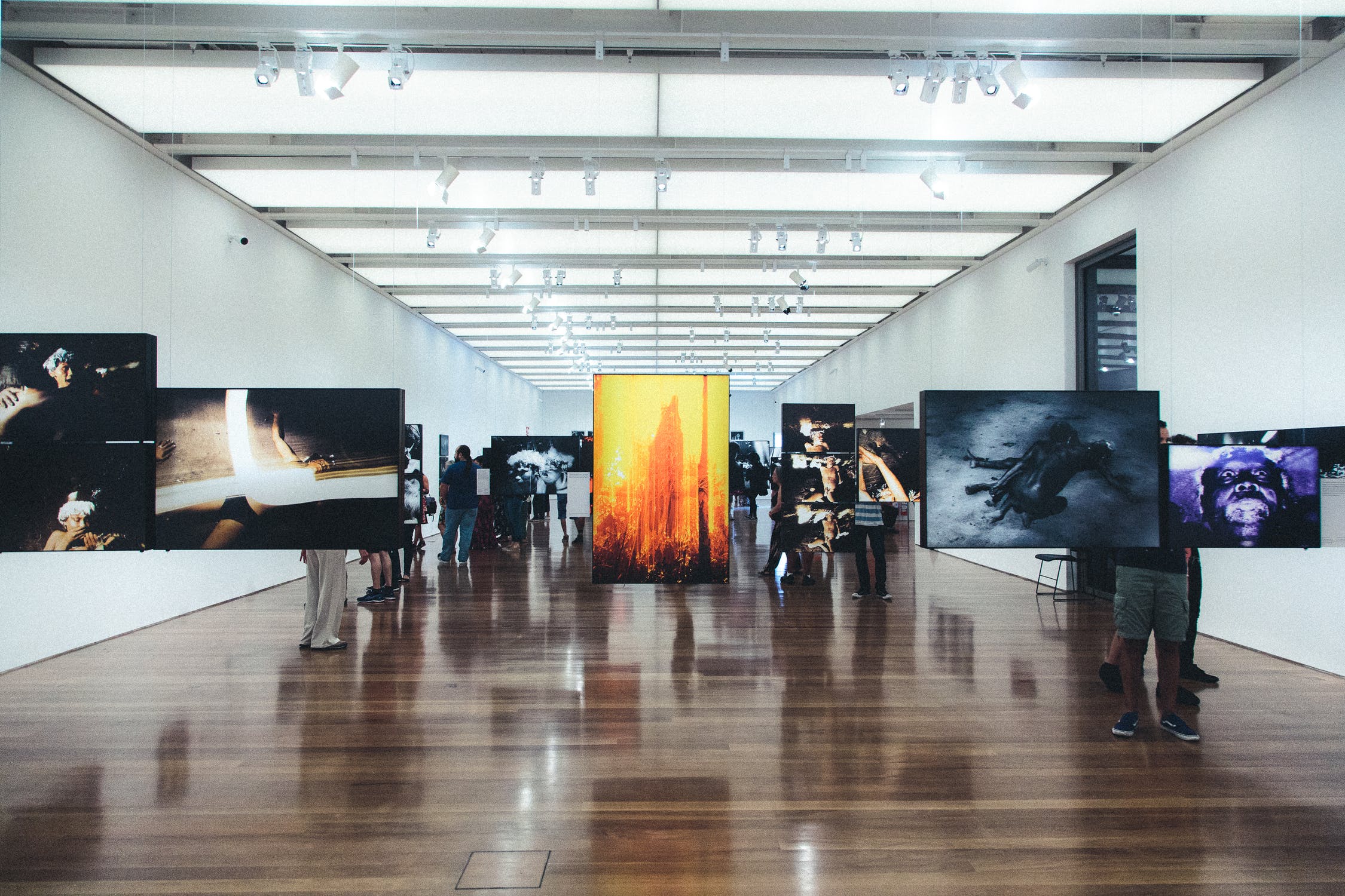Paintings hanged from the ceiling in an art gallery
