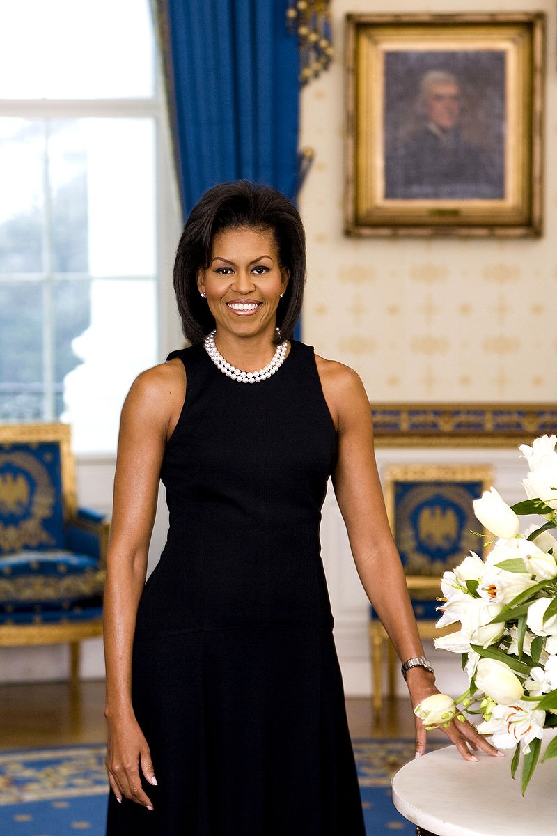 Michelle Obama's first term official portrait showing her wearing a dress designed by Michael Kors