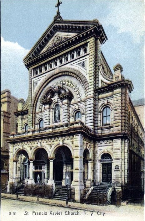 postcard view of the façade of St Francis Xavier Church