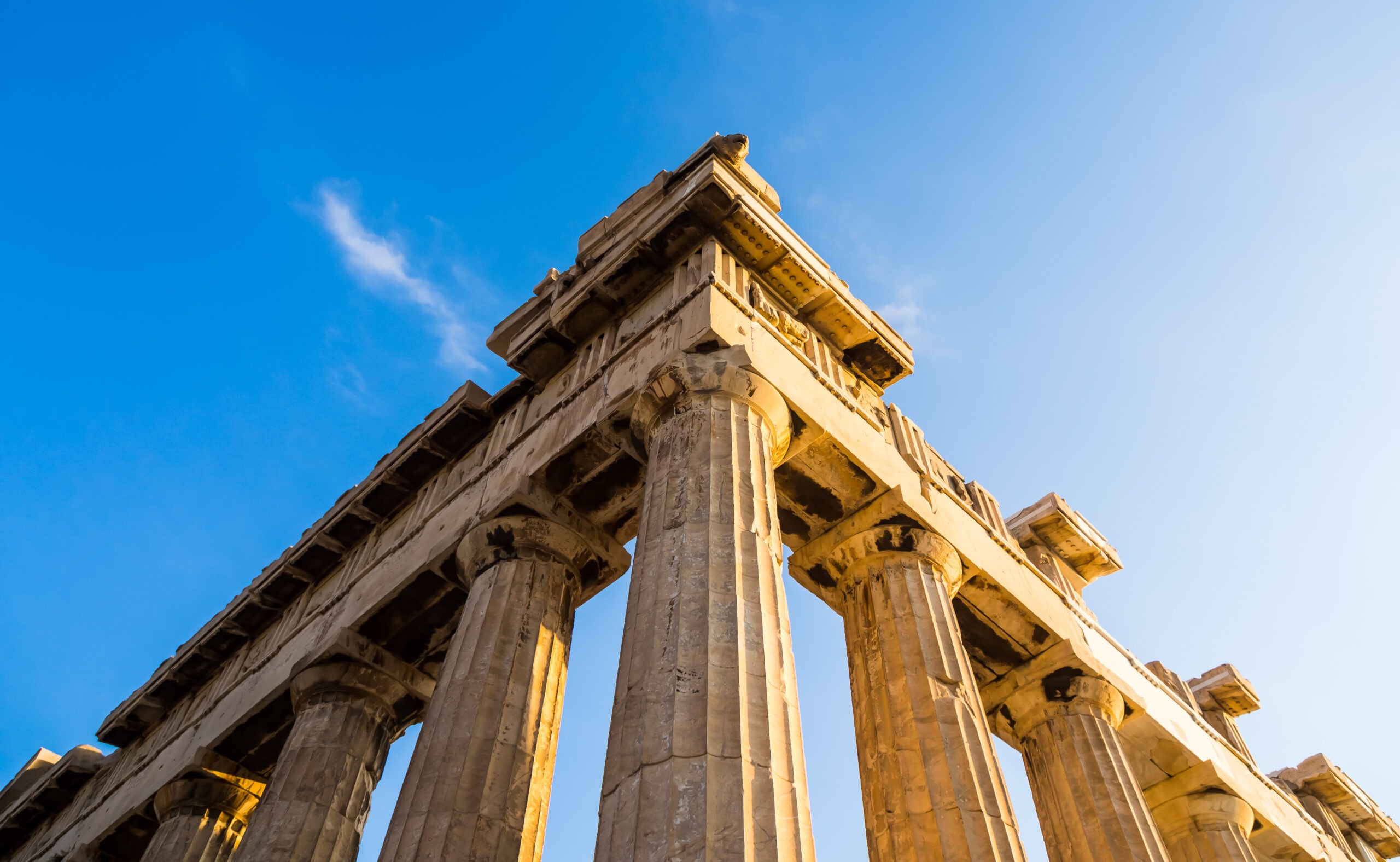 Close-up view of a corner of ancient Greek temple, remaining Doric columns 
