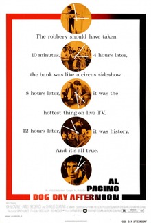 Poster of the movie Dog Day Afternoon having five circles spaced out vertically throughout the image with various screenshots included