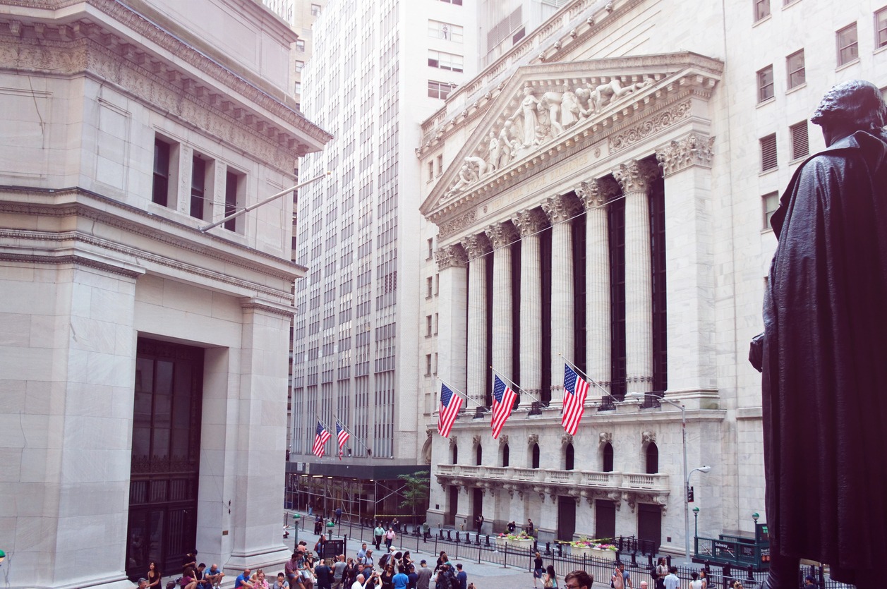 New York Stock Exchange, Wall street on summer morning.