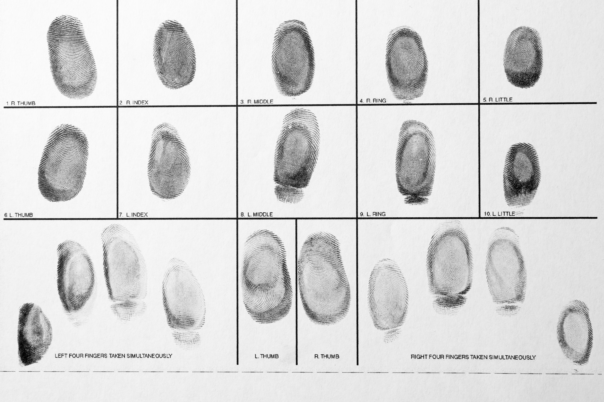 Police form with fingerprints, top view. Forensic examination