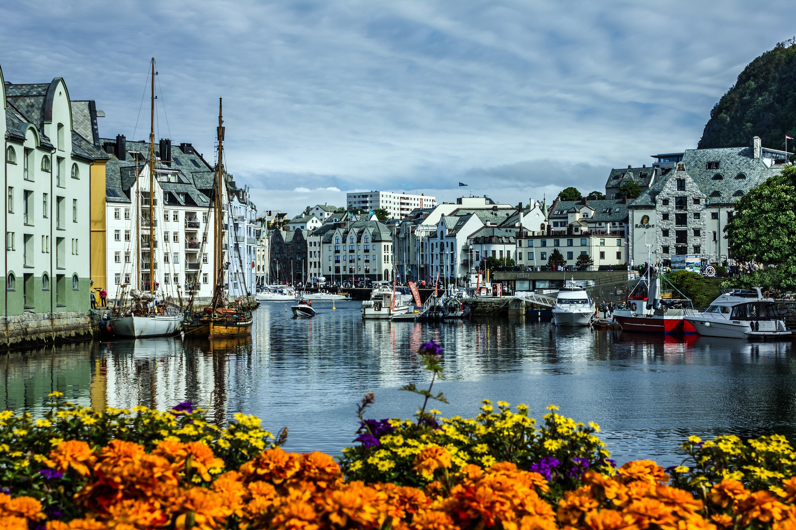 Seafront of town and sea port Alesund, Norway.