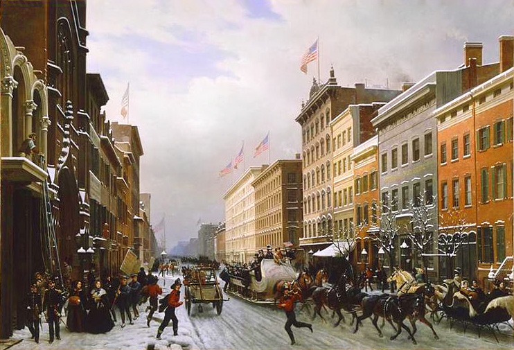 An old painting of Broadway follows the Native American Wickquasgeck Trail through Manhattan