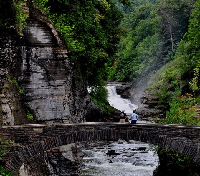 Letchworth State Park's Lower Falls and stone footbridge