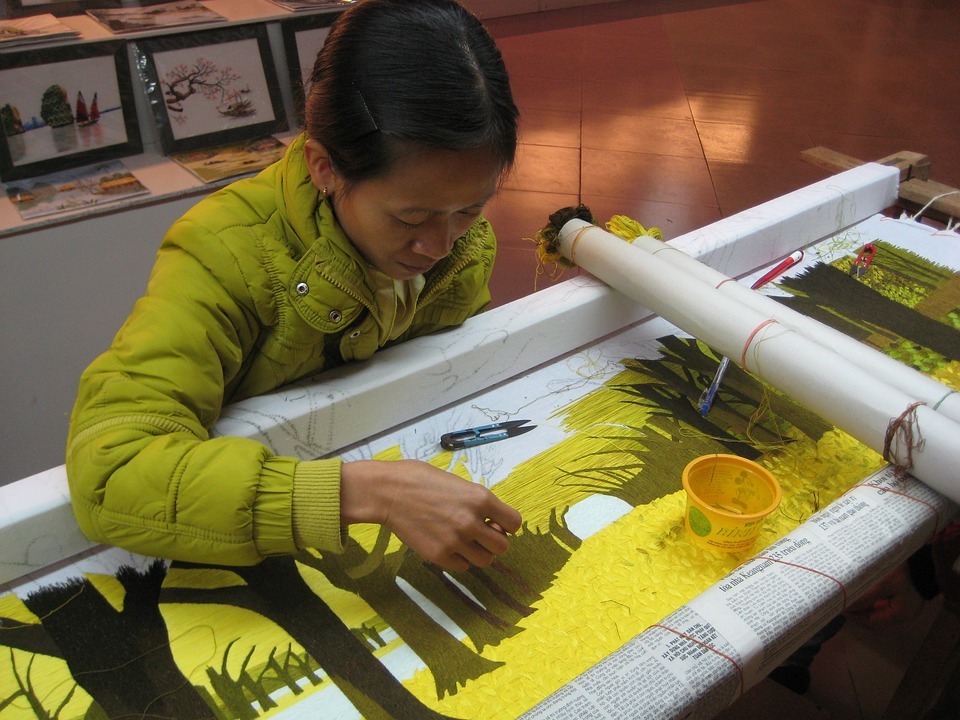Women weaving garments in Vietnam
