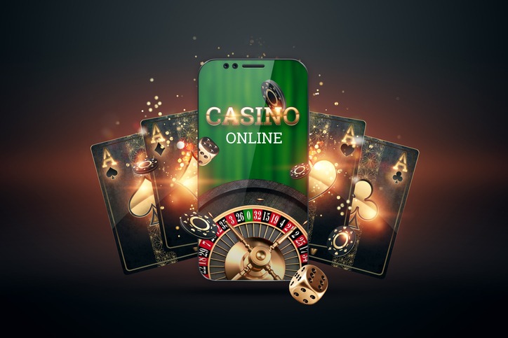 Smartphone with playing cards, chips and roulette, black-gold background. Concept of online gambling, online casino. Copy space. 3D illustration, 3D render.