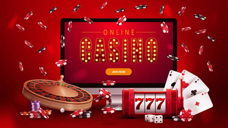 Online casino, red poster with monitor with slot machine, Casino Roulette, poker chips and playing cards.
