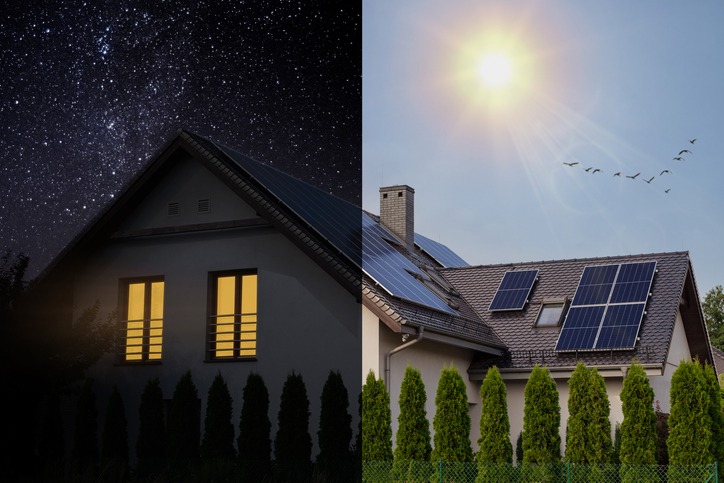 Solar panel day and night. The idea of ecology - solar energy at home. An example of the use of photovoltaics.