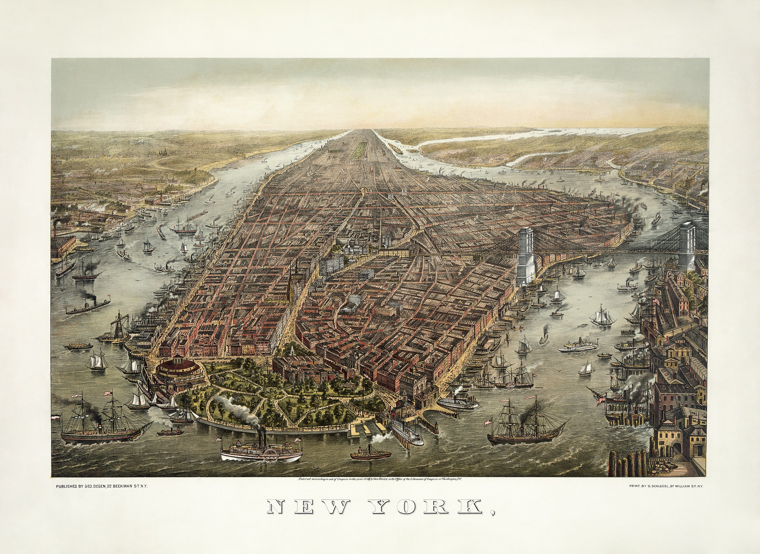 Manhattan in 1873, looking north. The Hudson River is at left. The Brooklyn Bridge across the East River (at right) was built from 1870 to 1883.