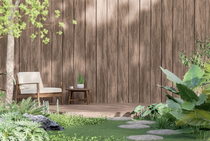 Wooden terrace in the tropical garden style 3d render
