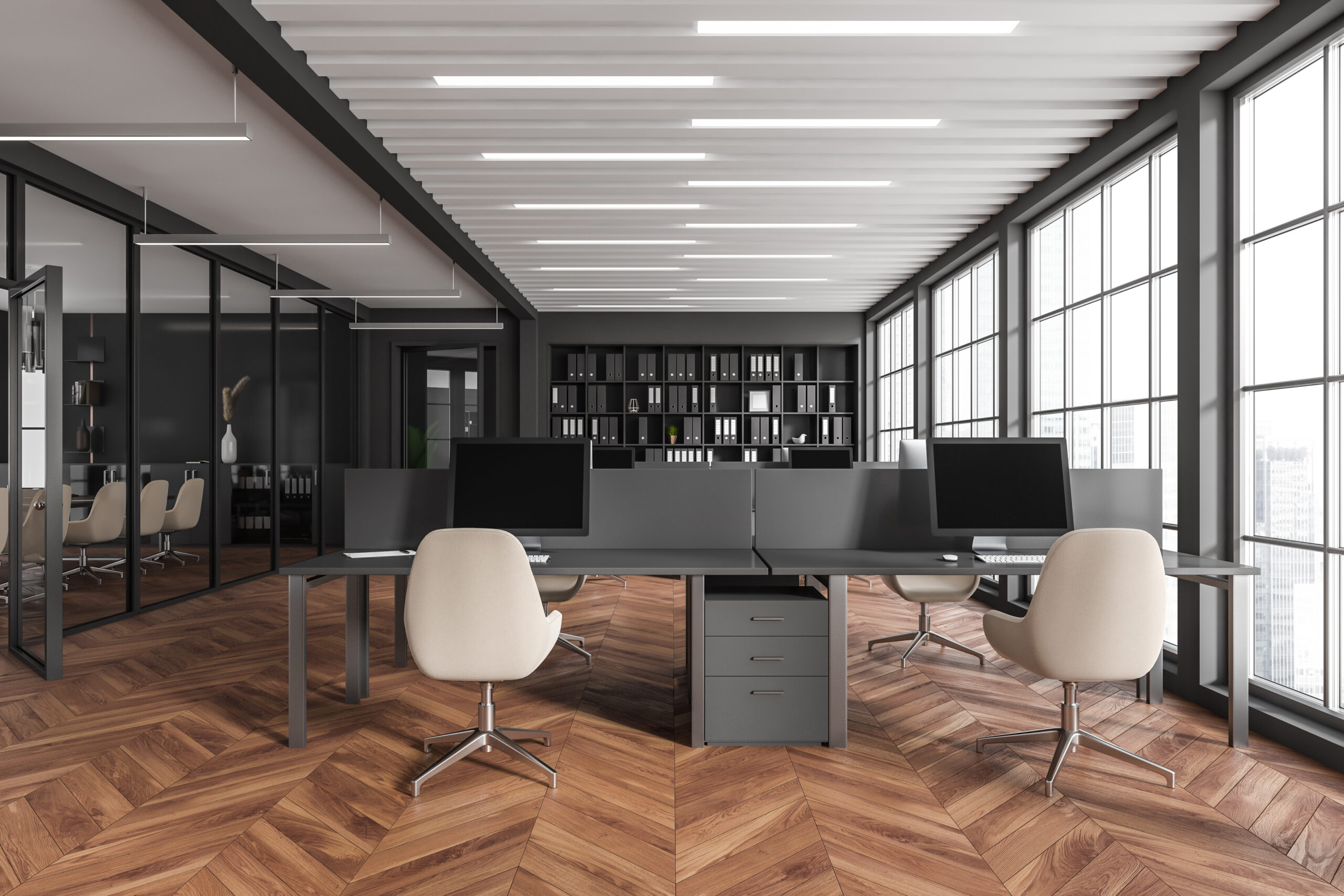 Modern business room interior with coworking and meeting space, panoramic window