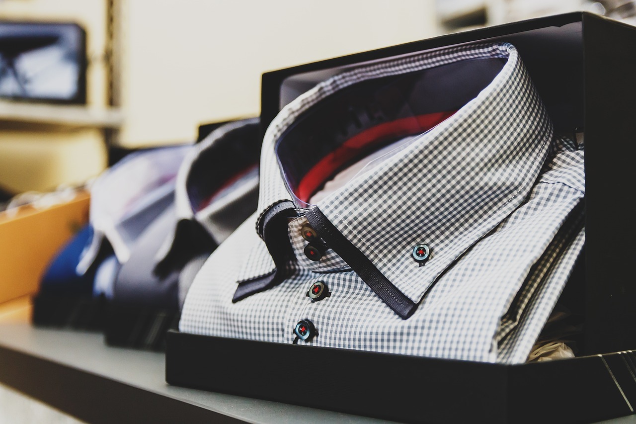 checkered shirts displayed in a garment store