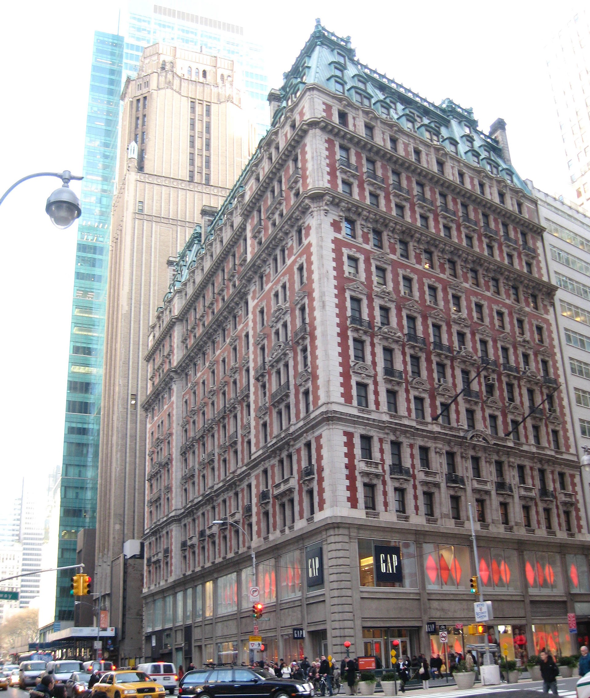 The 42nd Street (left) and Broadway (right) facades of the Knickerbocker Hotel