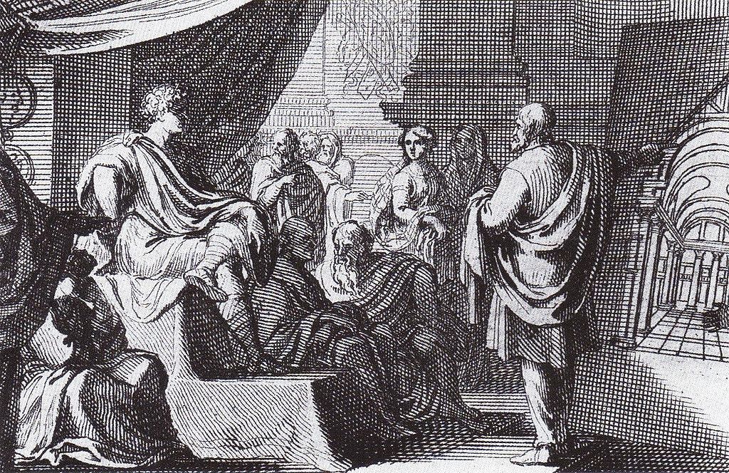 A depiction of Vitruvius presenting De Architectura to Augustus