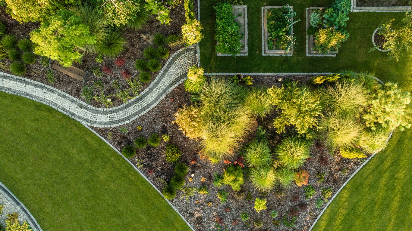 Aerial view of a modern beautiful garden