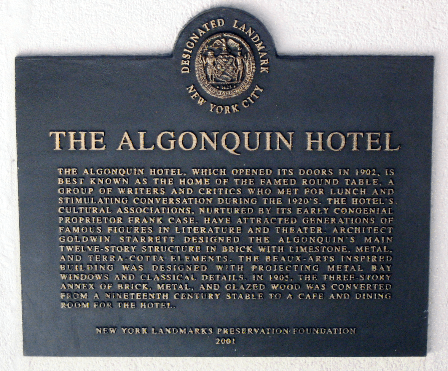 New York City Designated Landmark plaque at the Algonquin Hotel 