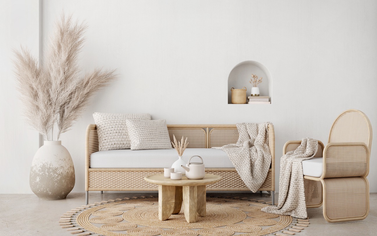 Boho style living room with wicker chair,sofa,table and pampas in the pot on white wall background