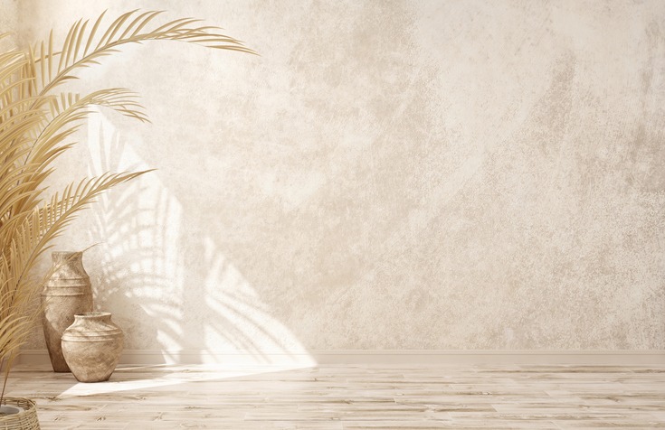 Empty room interior background, blank beige stucco wall, vases and palm leaf