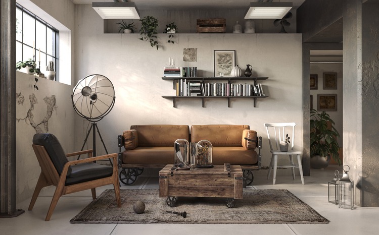 Industrial brick living room interior design. Loft Apartment with modern furniture and hardwood flooring