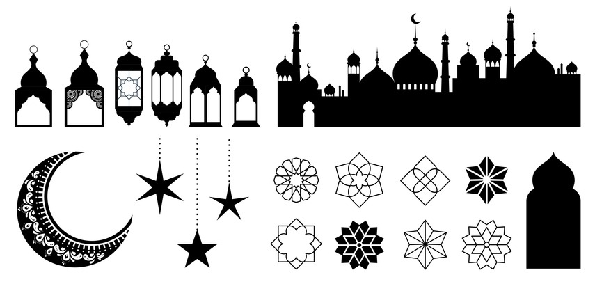 Islamic ornaments, symbols and icons. Vector illustration with moon, lanterns, patterns and city silhouette