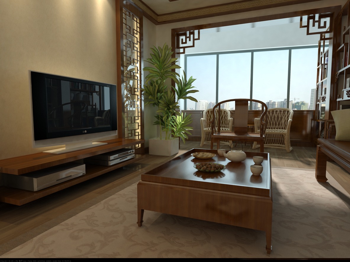 Japanese Style Living Room Interior With Armchair, Coffee Table, Potted Plant, Dining Table And Sofa