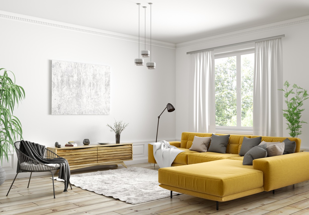 Modern interior design of Scandinavian apartment, living room with yellow sofa, sideboard and black armchair
