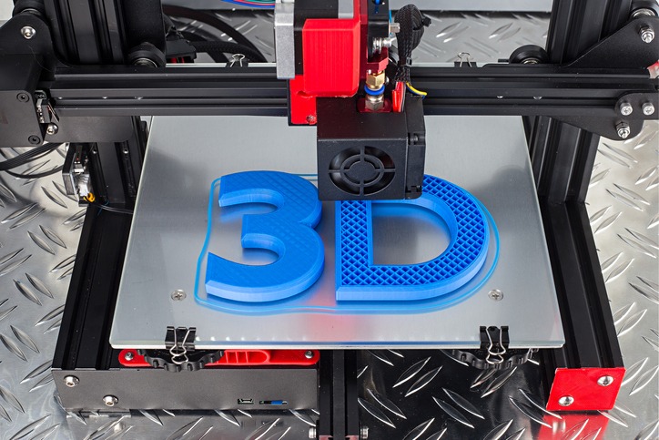 Red black 3D printer printing blue logo symbol on metal diamond plate