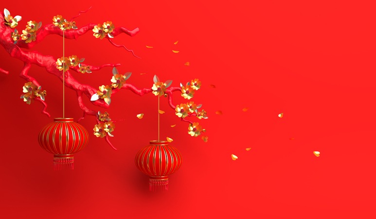 Red gold sakura flower and branch, cherry blossom, chinese lantern