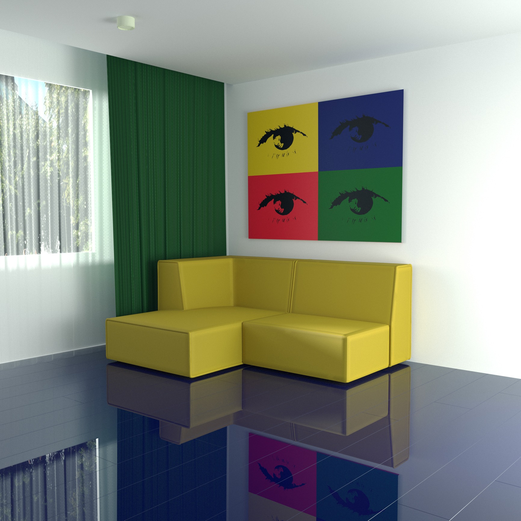 The interior of the room in bright colors with a picture in the style of pop art