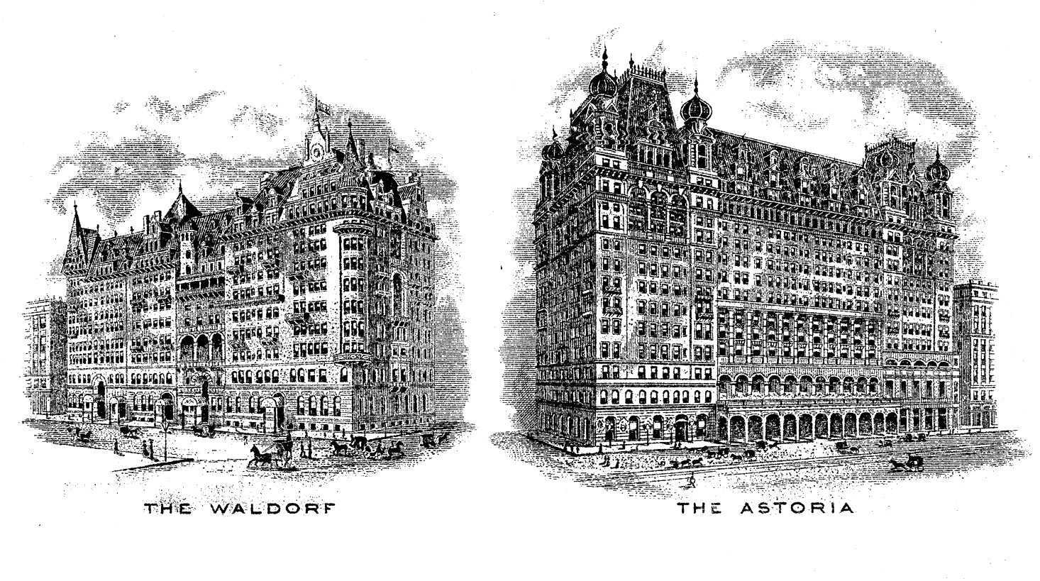 Engraved vignettes of the original separate hotels 