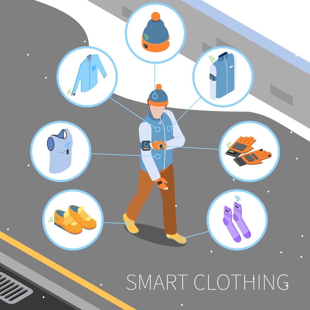 Wearable technology smart clothes isometric composition with human character and round icons with images of clothing vector illustration