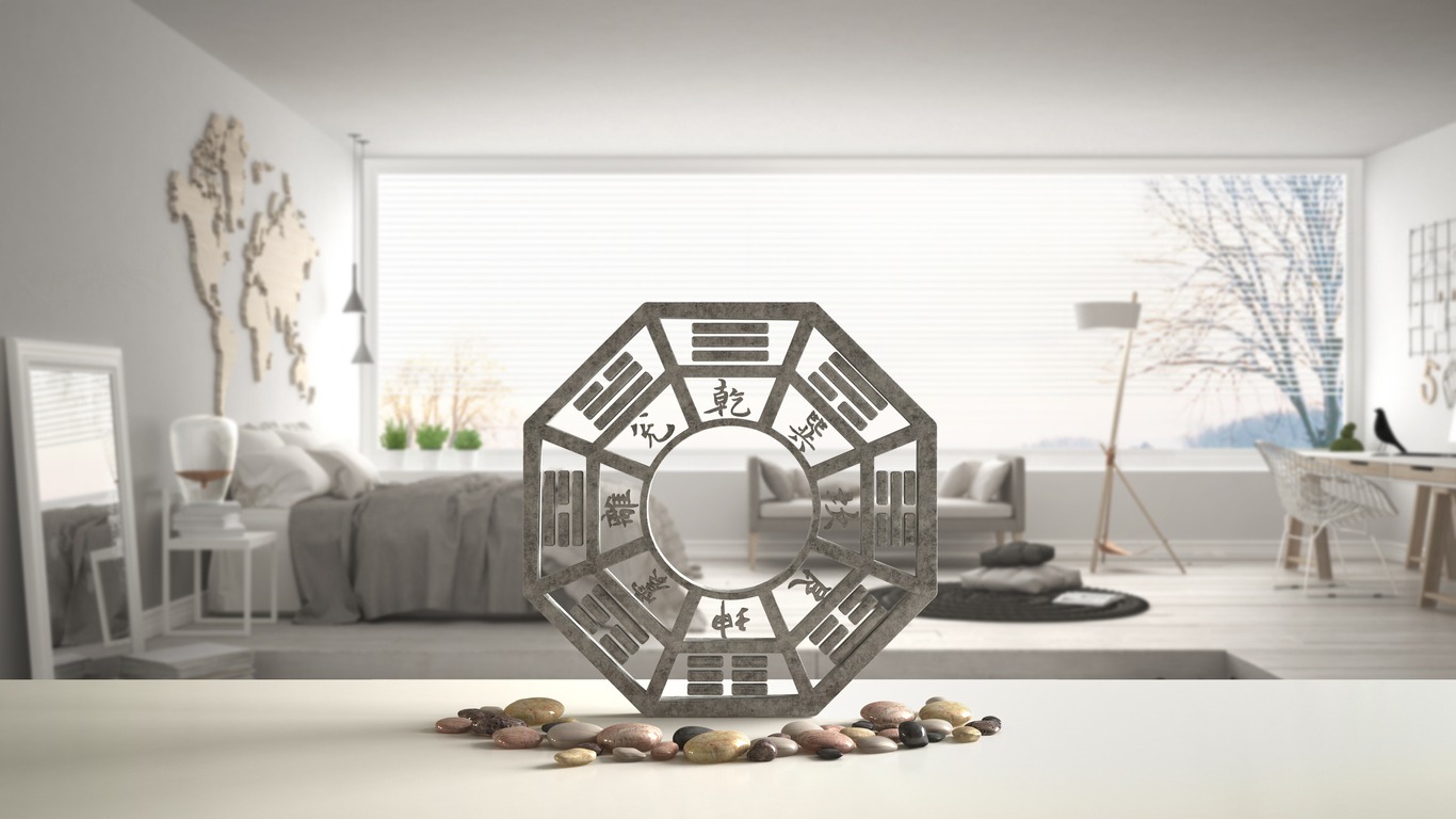 White table shelf with bagua and pebble stone, feng shui
