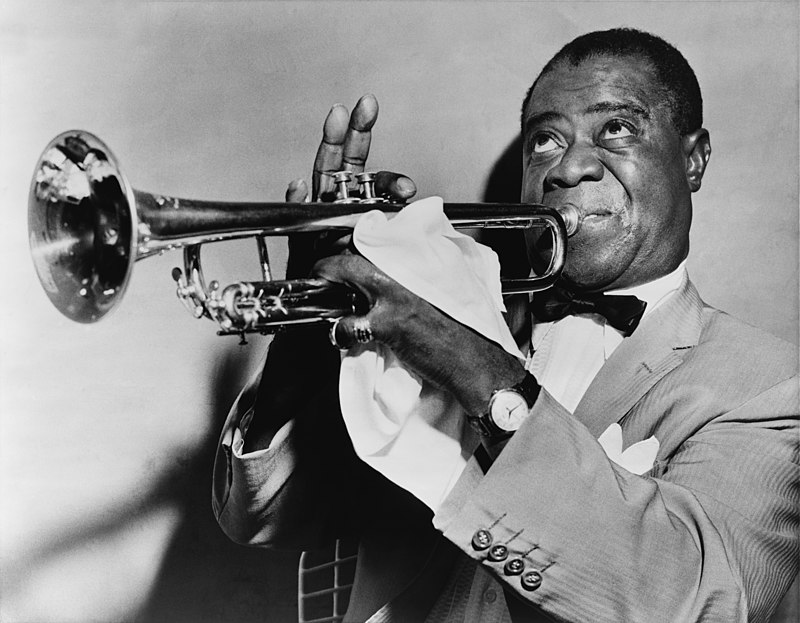 a portrait of Armstrong playing saxophone