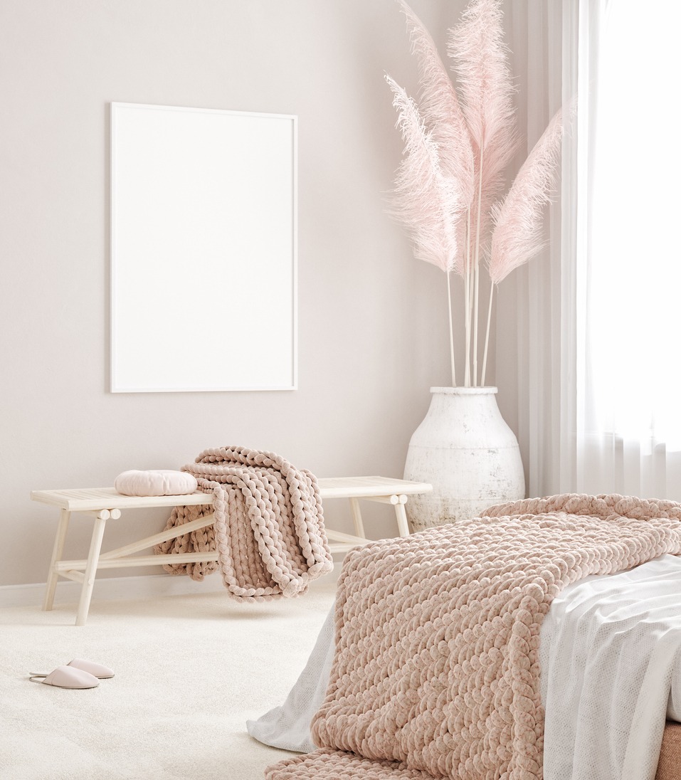 frame in pastel pink bedroom interior background
