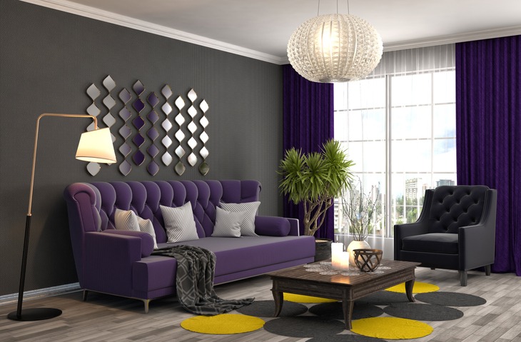 gray wall and purple sofa