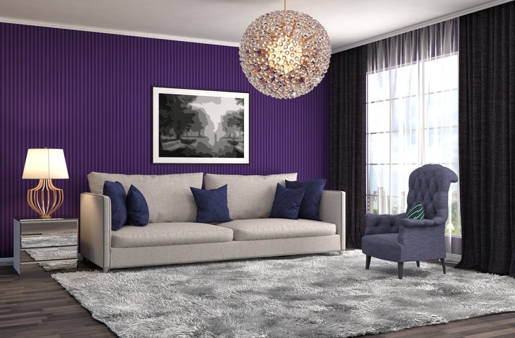 purple wall and gray carpet