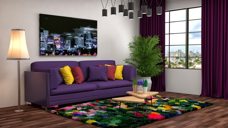 violet sofa and colorful carpet