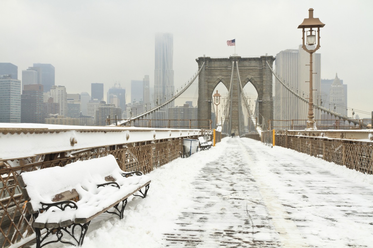 Brooklyn Bridge Snowy Bench