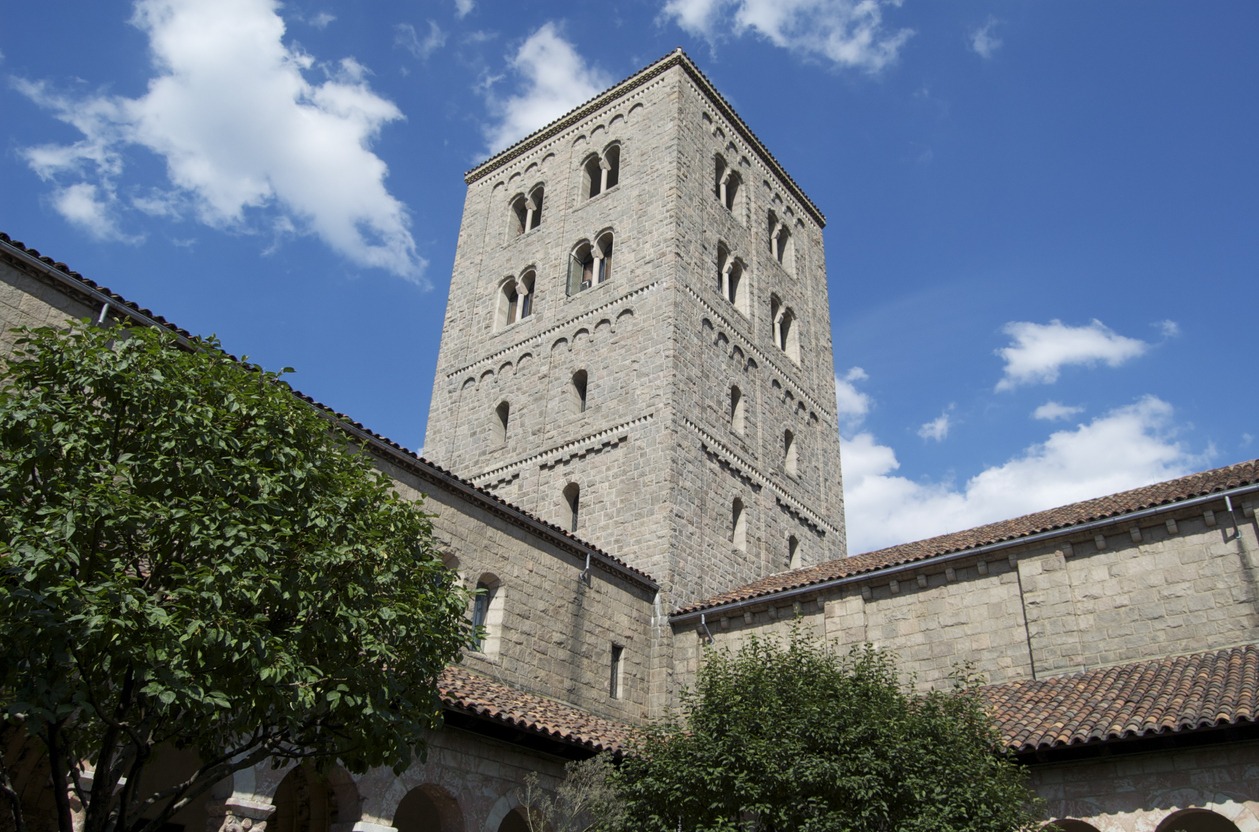 Tower and center courtyard of the Cloisters, formal garden and museum in Fort Tryon Park in Manhattan, New York City
