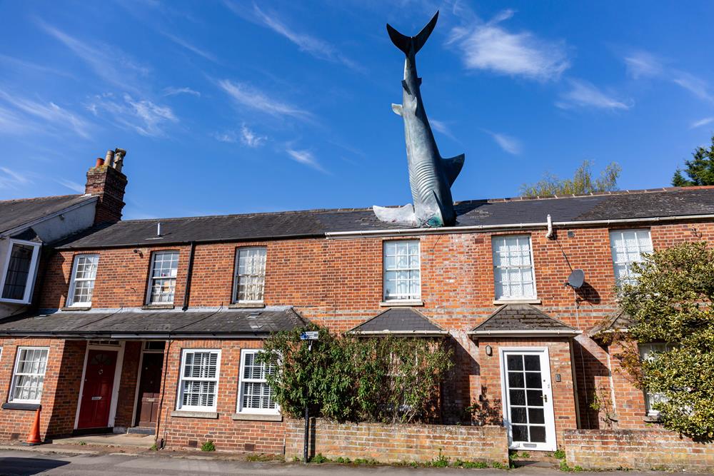 A sculpture of a shark on a roof