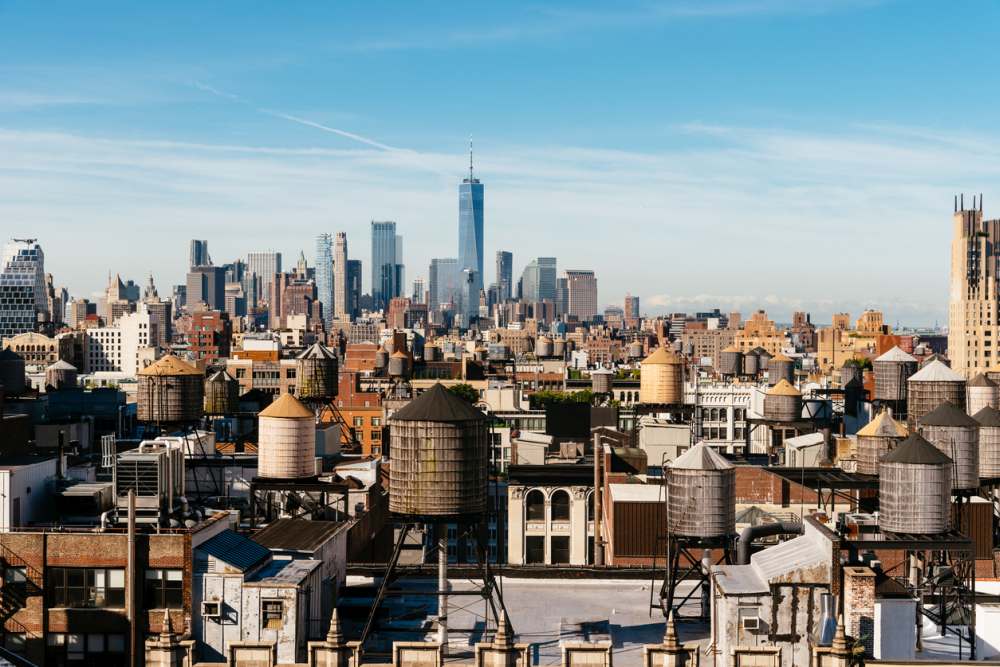 High angle view of the skyline of Manhattan in New York City a sunny day