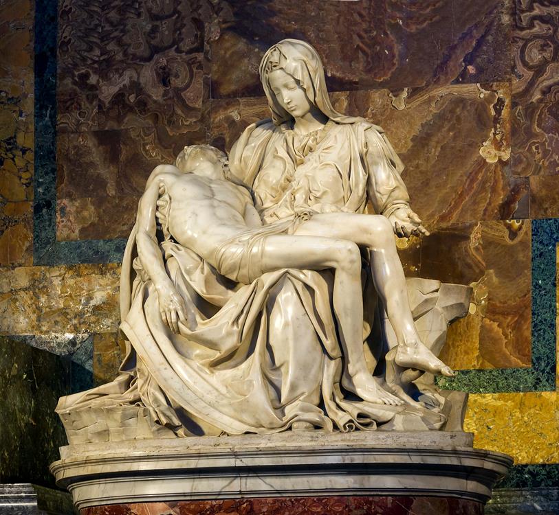 The sculpture of woman carrying a man on a lap