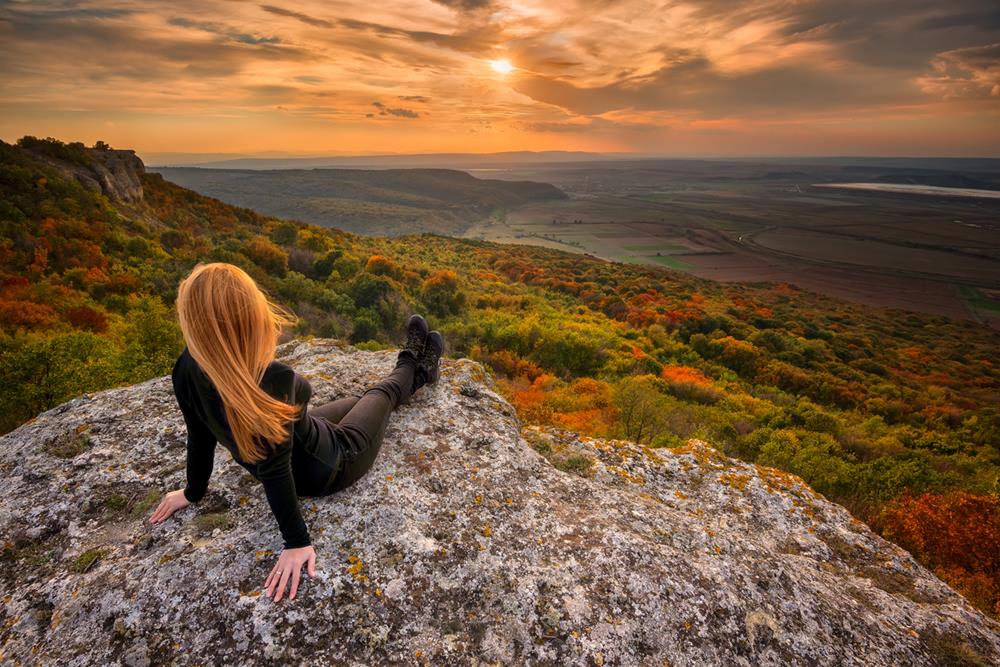 Woman Enjoys Sunset Catskills Mountain View NY
