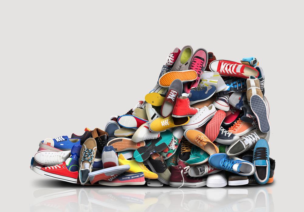 Great sneaker made up of stacked different little sneakers and shoes